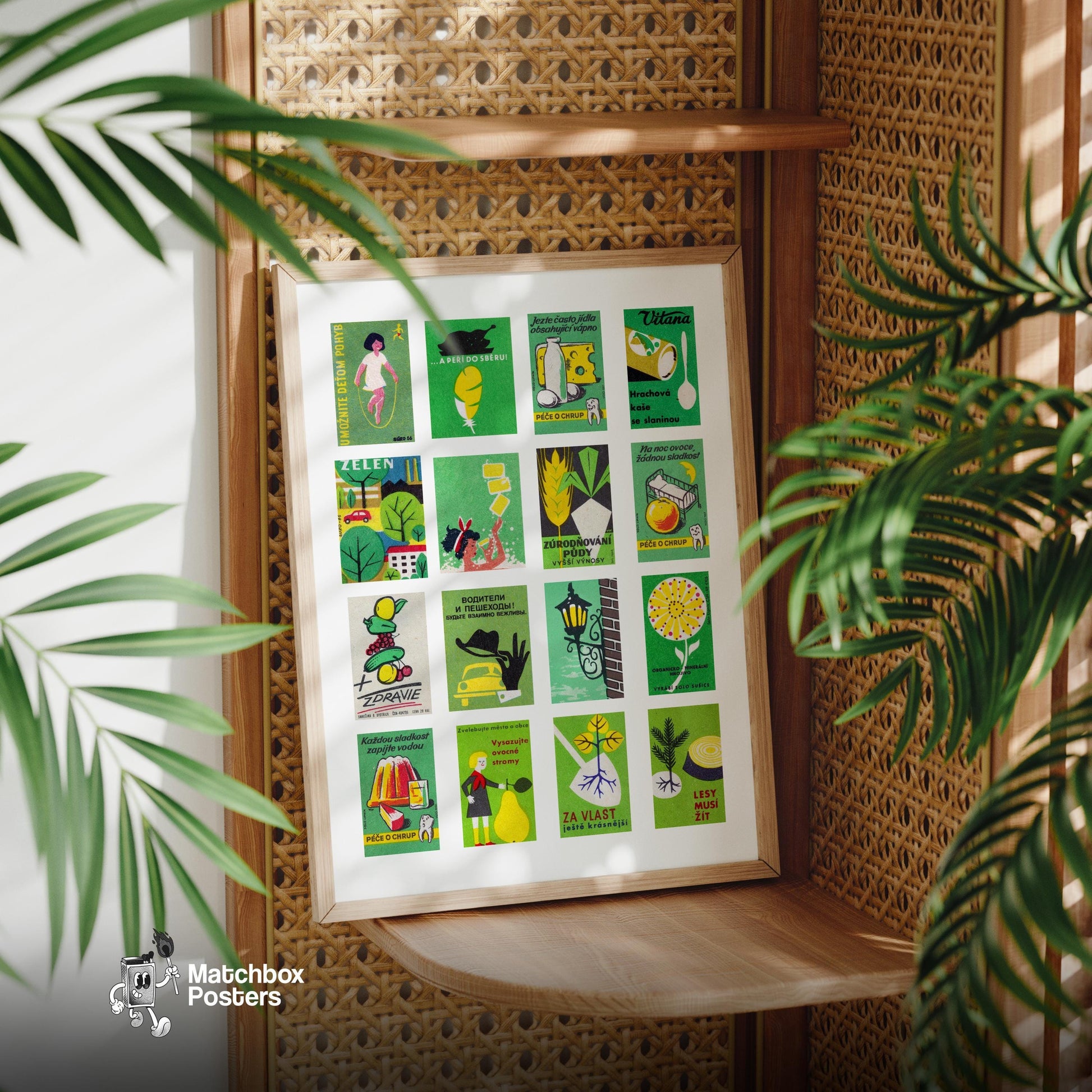 Green and Yellow Collage - vintage matchbox label print - size comparison