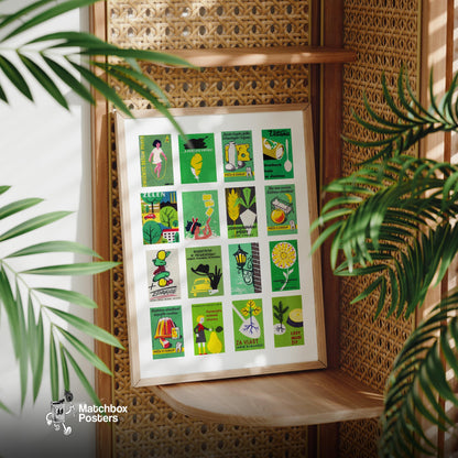 Green and Yellow Collage - vintage matchbox label print - size comparison