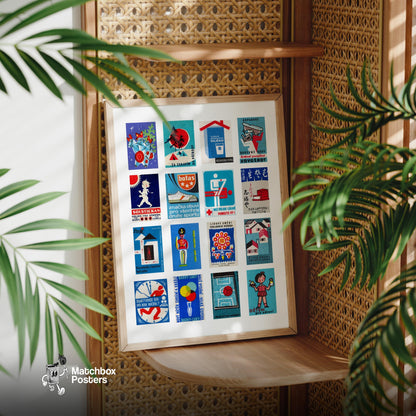 Blue and Red Collage - vintage matchbox label print - size comparison