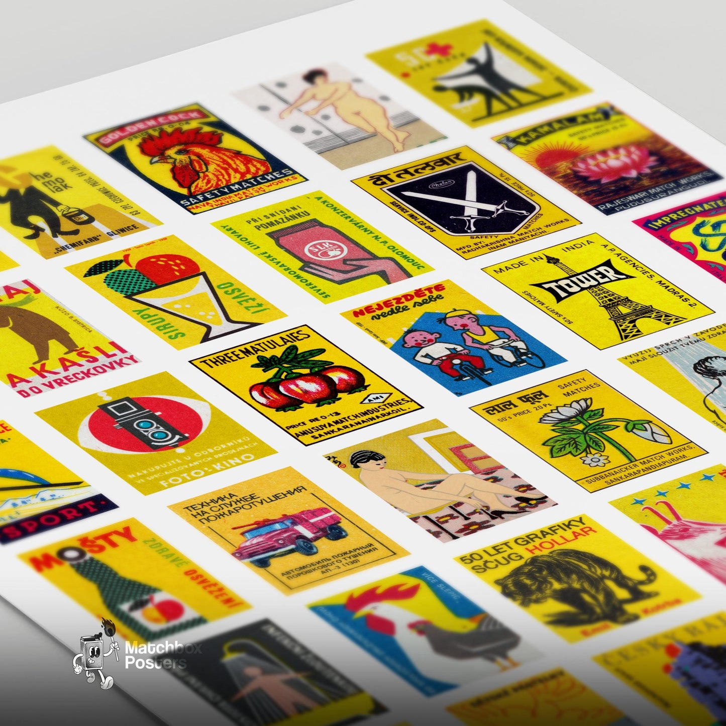 Yellows Grid Print - vintage matchbox label print - close-up detail