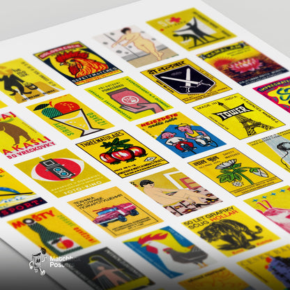 Yellows Grid Print - vintage matchbox label print - close-up detail