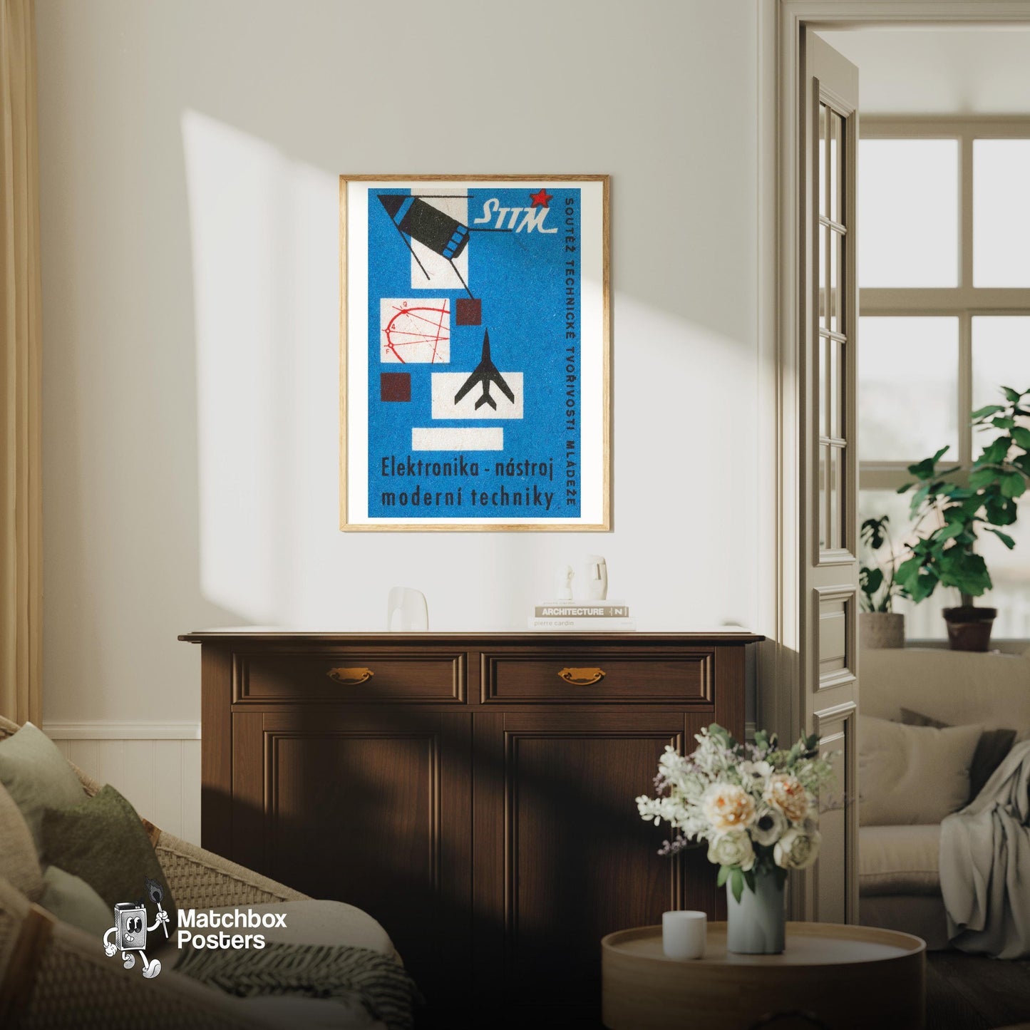 Rocket and Airplane - vintage matchbox label print - living room mockup