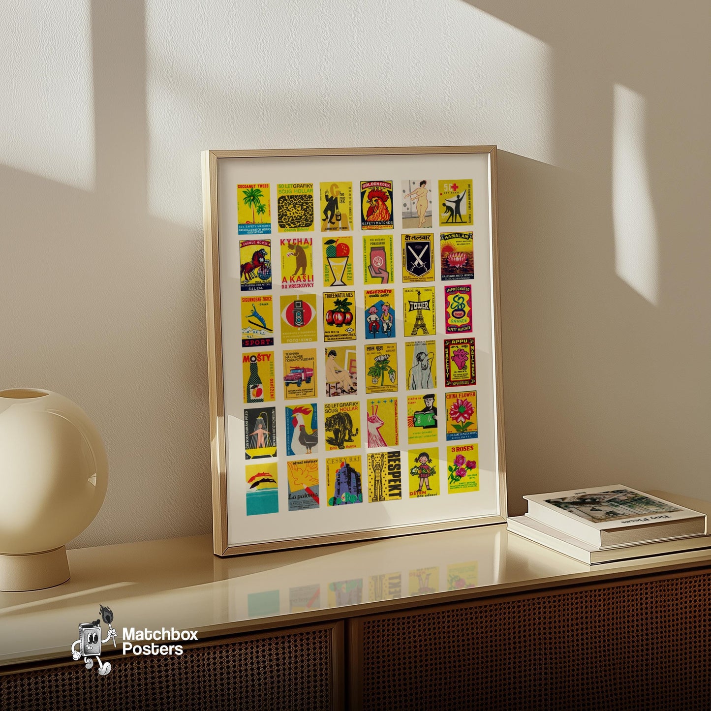 Yellows Grid Print - vintage matchbox label print - bedroom mockup