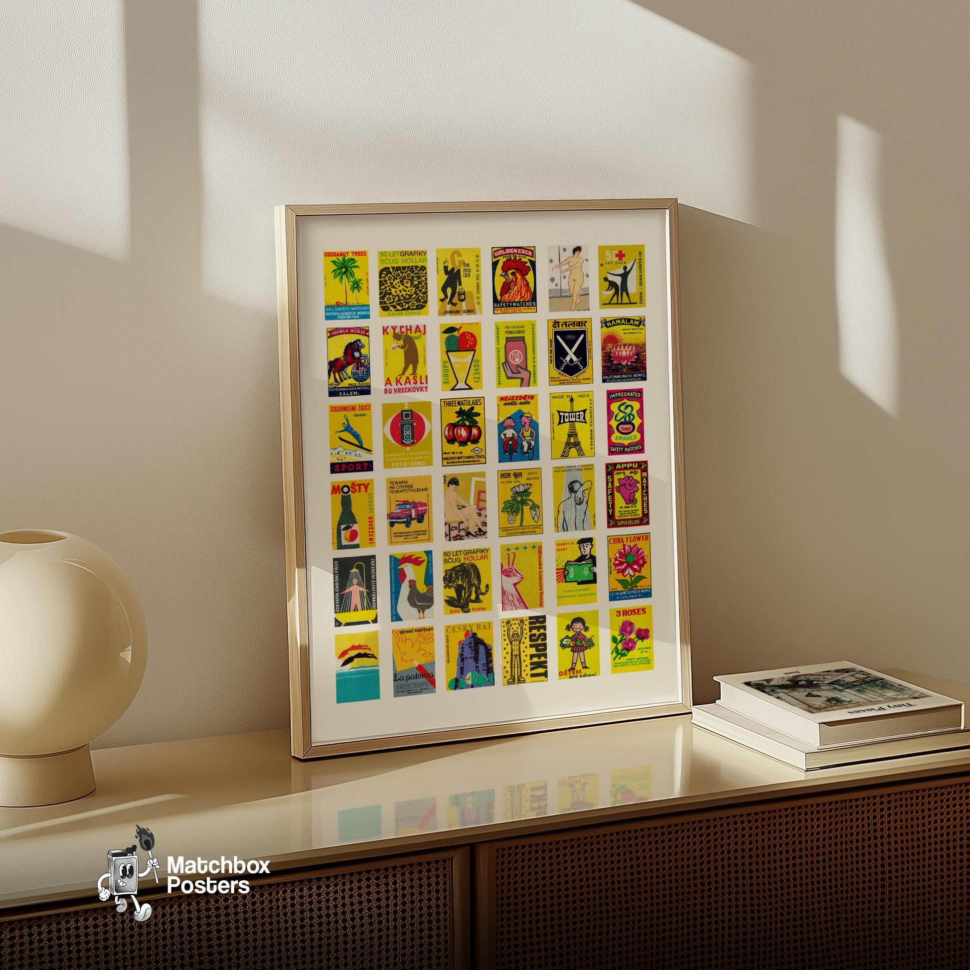 Yellows Grid Print - vintage matchbox label print - bedroom mockup