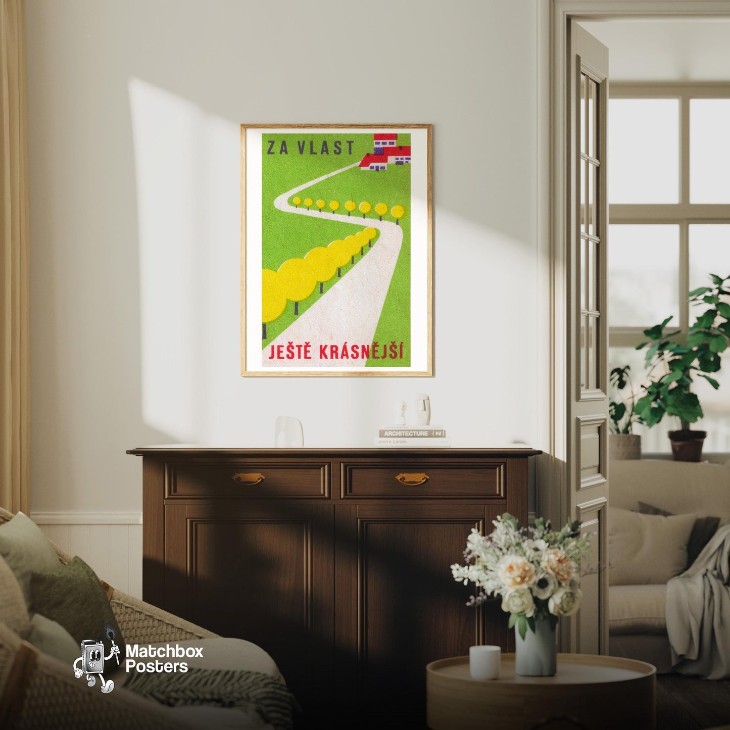 Countryside Road - vintage matchbox label print - living room mockup