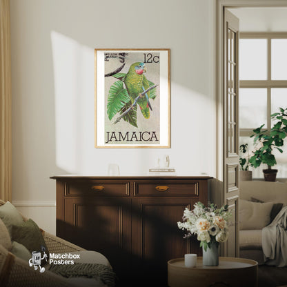 Green Parrot - vintage matchbox label print - living room mockup