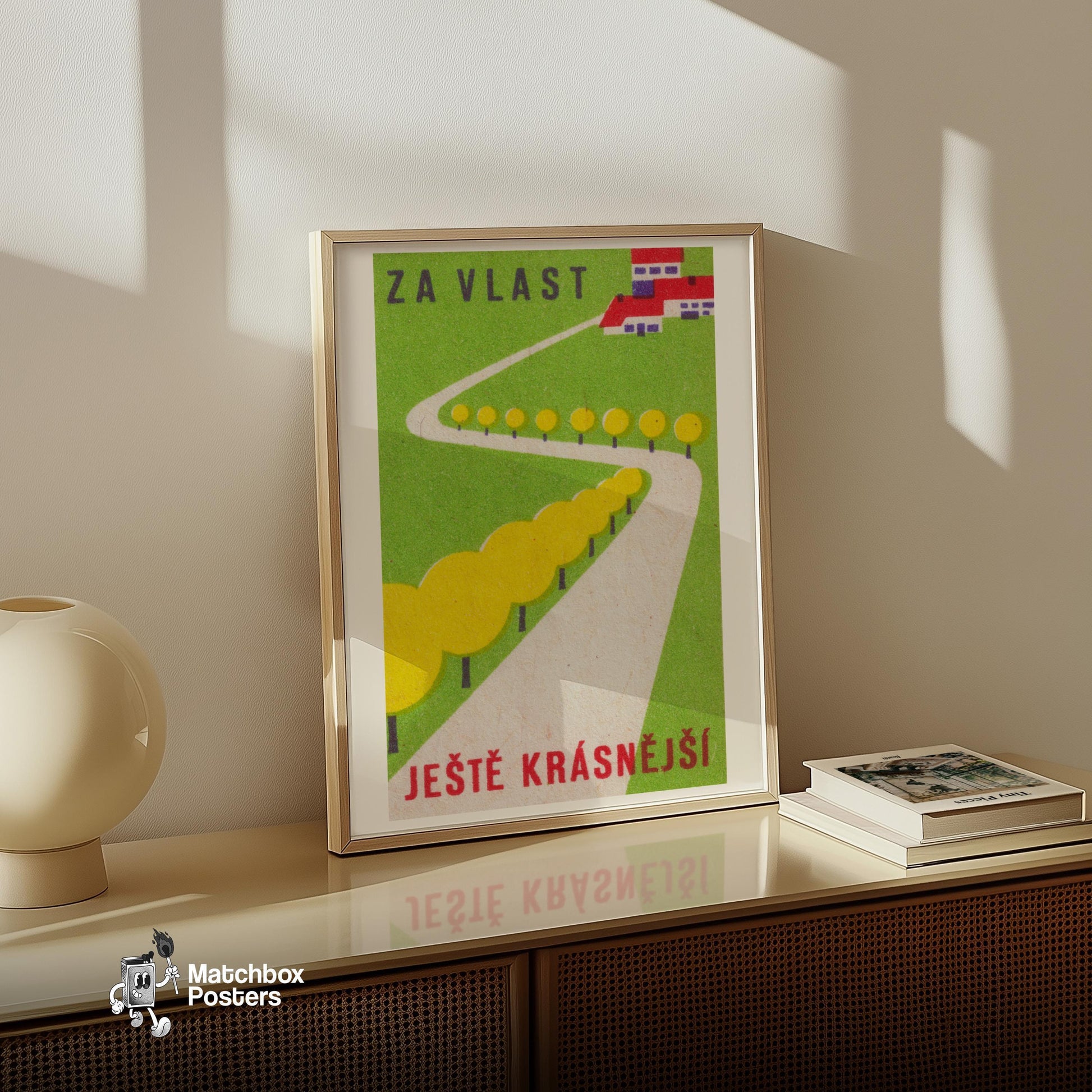 Countryside Road - vintage matchbox label print - size comparison