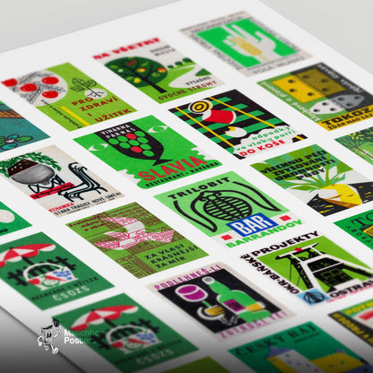 Green matchbox labels Collage - vintage matchbox label print - close-up detail