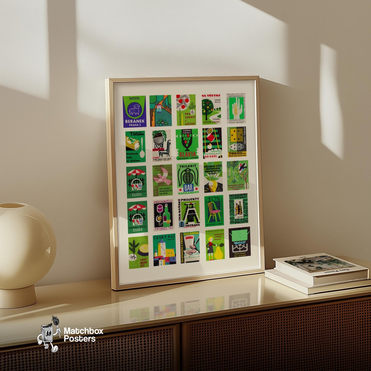 Green matchbox labels Collage - vintage matchbox label print - bedroom mockup