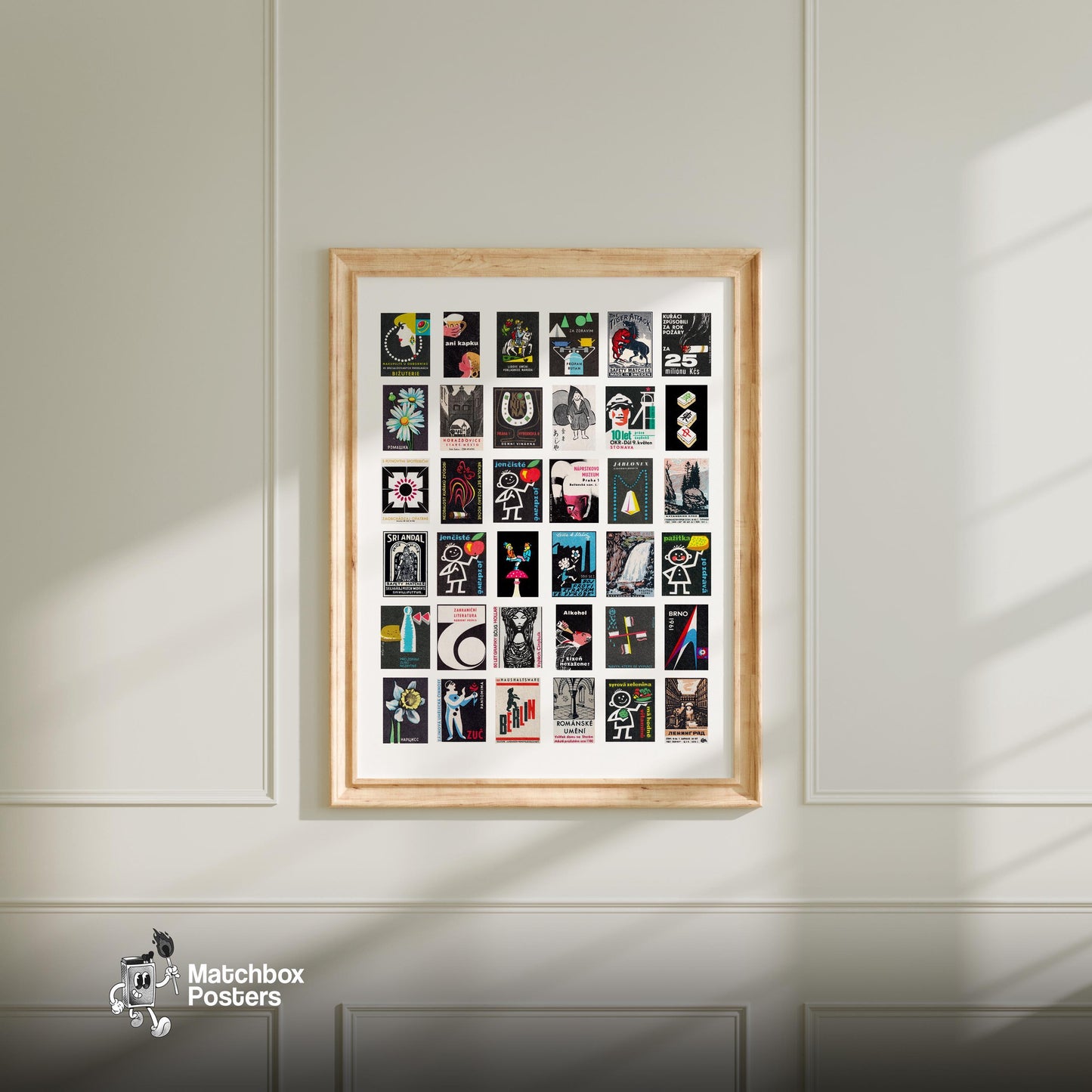 Black Collage Print - vintage matchbox label print - living room mockup