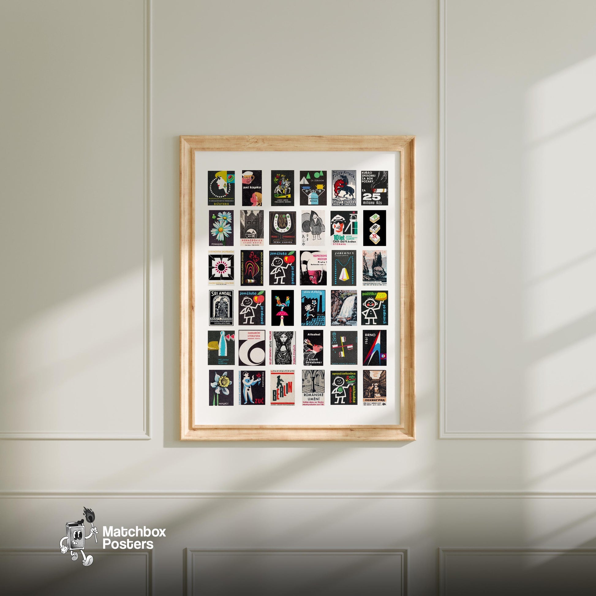 Black Collage Print - vintage matchbox label print - living room mockup