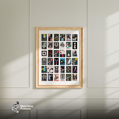 Black Collage Print - vintage matchbox label print - living room mockup