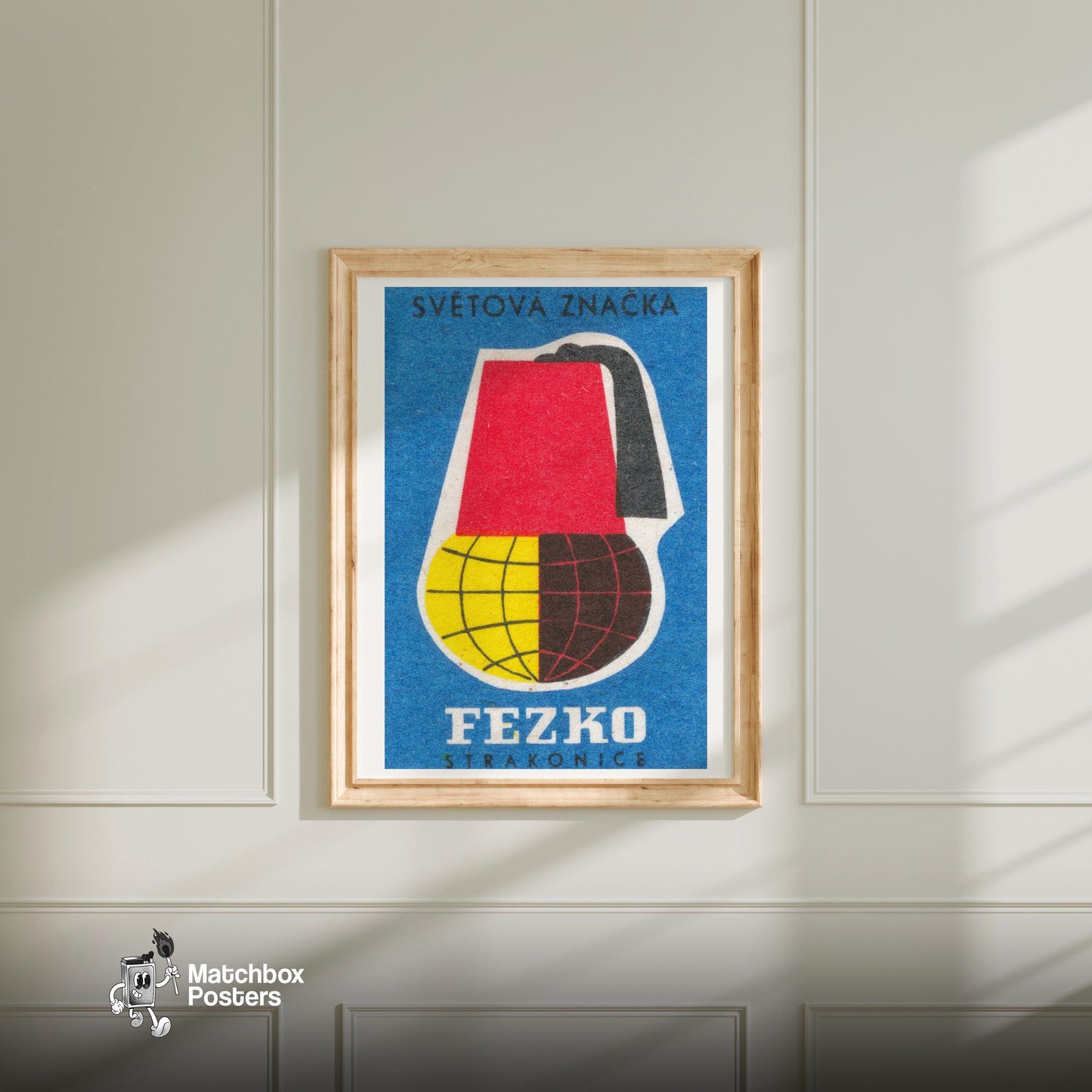 Fez Hat Globe - vintage matchbox label print - bedroom mockup