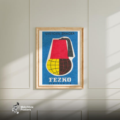 Fez Hat Globe - vintage matchbox label print - bedroom mockup