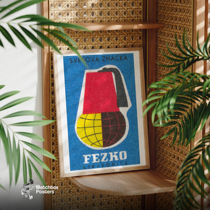 Fez Hat Globe - vintage matchbox label print - office wall