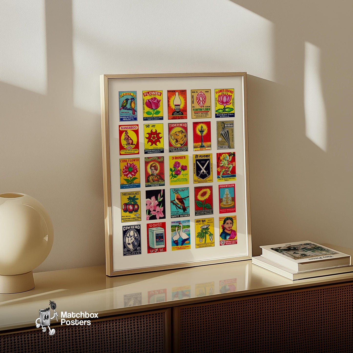 Indians Grid Print - vintage matchbox label print - bedroom mockup