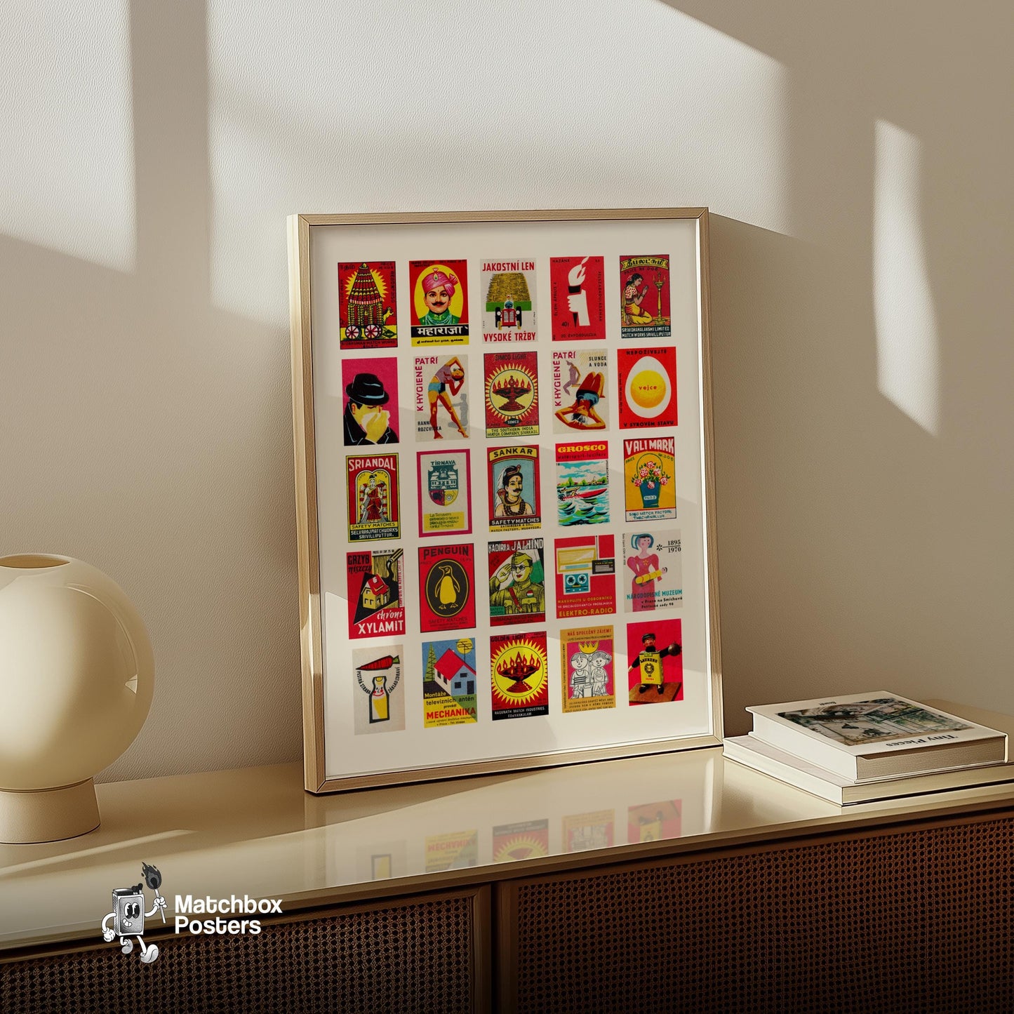 Red matchbox labels Collage - vintage matchbox label print - living room mockup