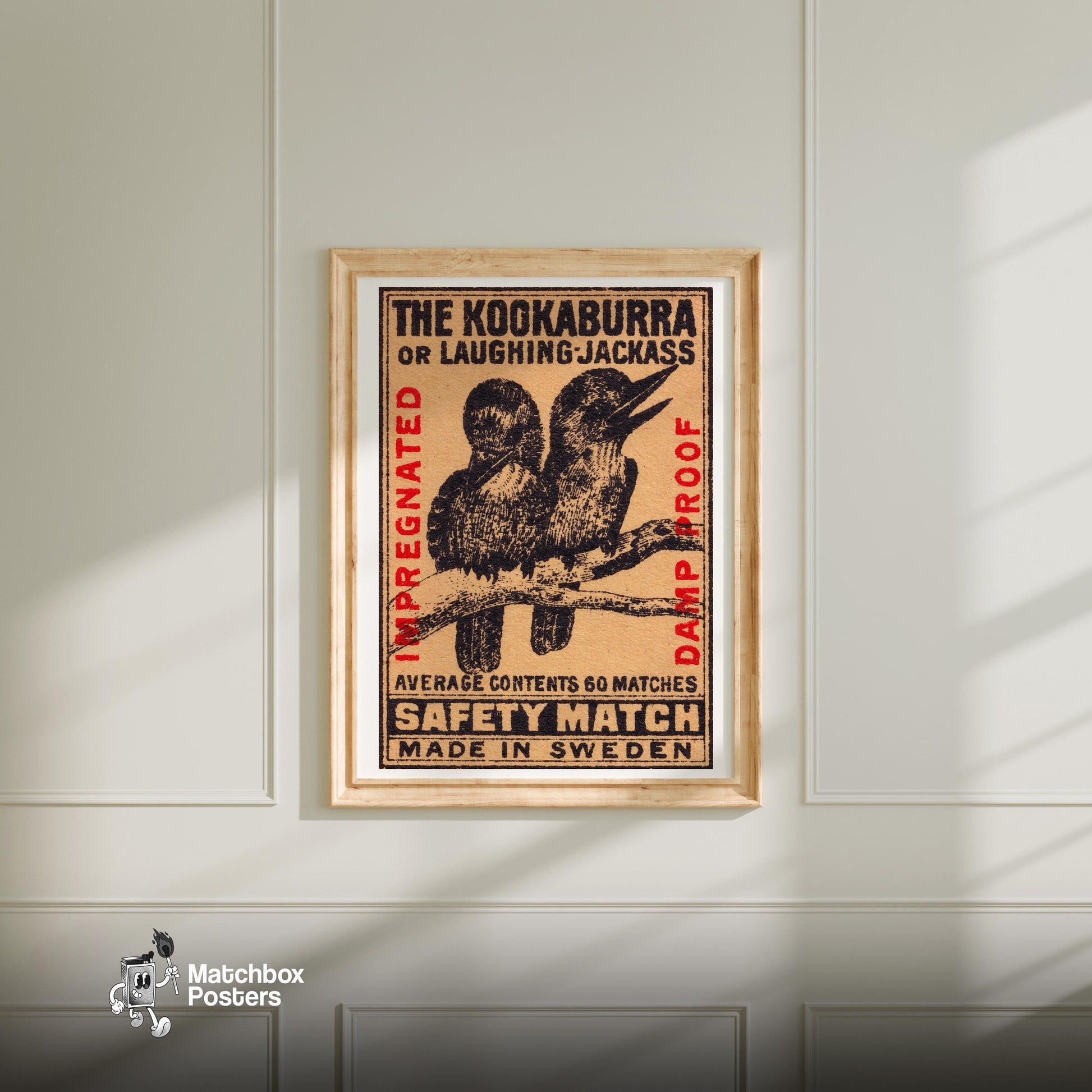 Kookaburra - vintage matchbox label print - bedroom mockup