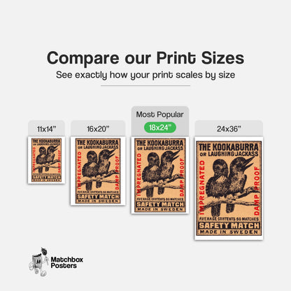 Kookaburra - vintage matchbox label print - gallery wall preview