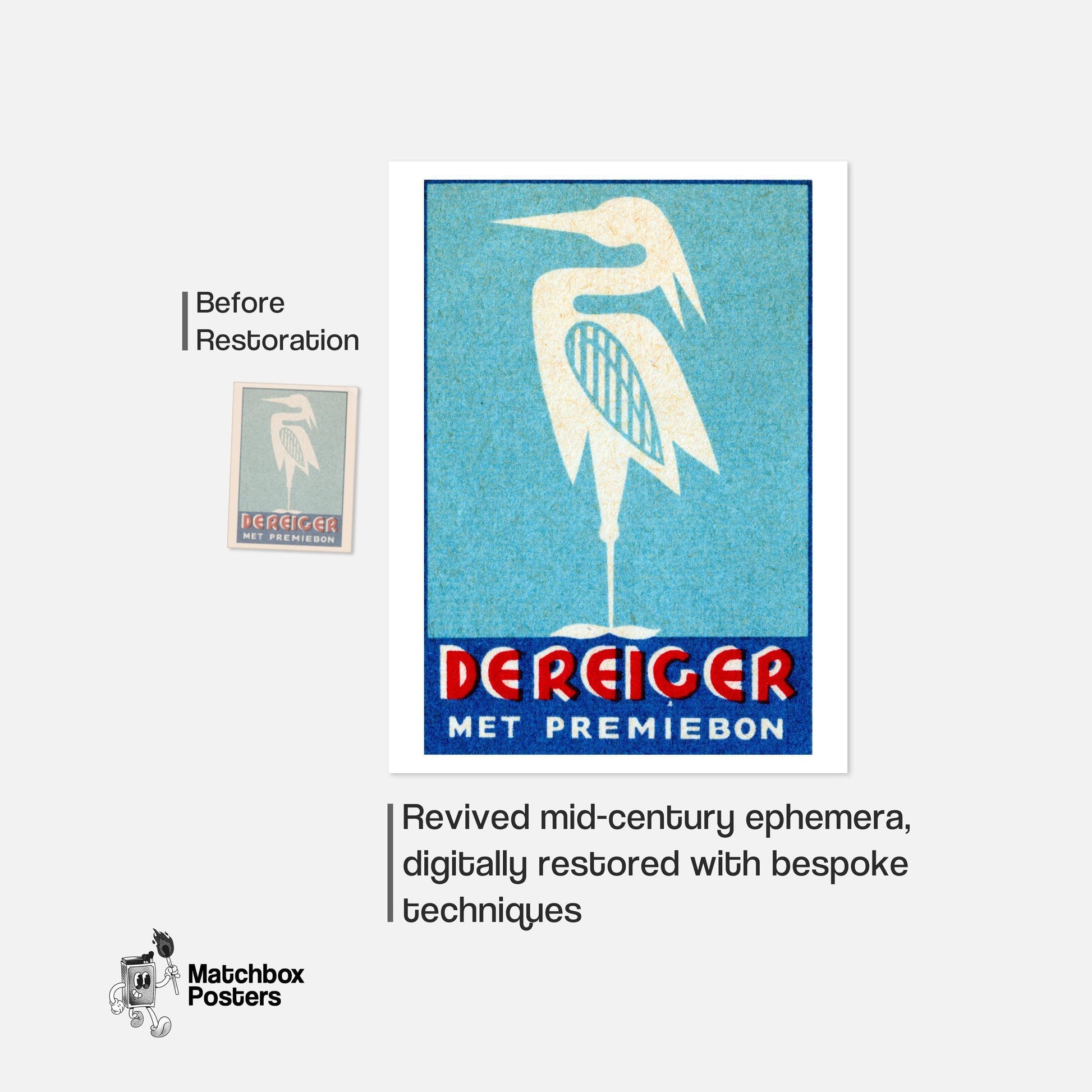 Stylized Heron - vintage matchbox label print - framed wall art preview