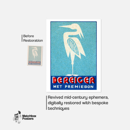 Stylized Heron - vintage matchbox label print - framed wall art preview