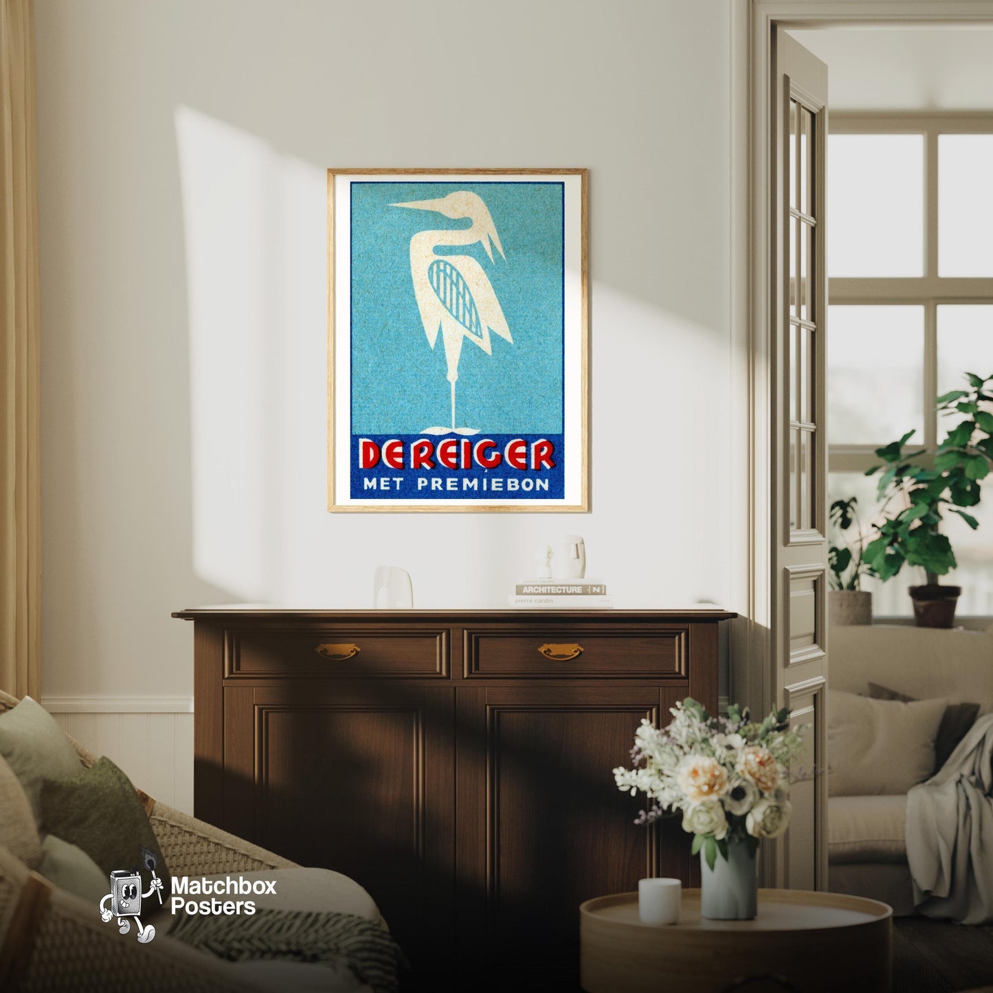 Stylized Heron - vintage matchbox label print - living room mockup