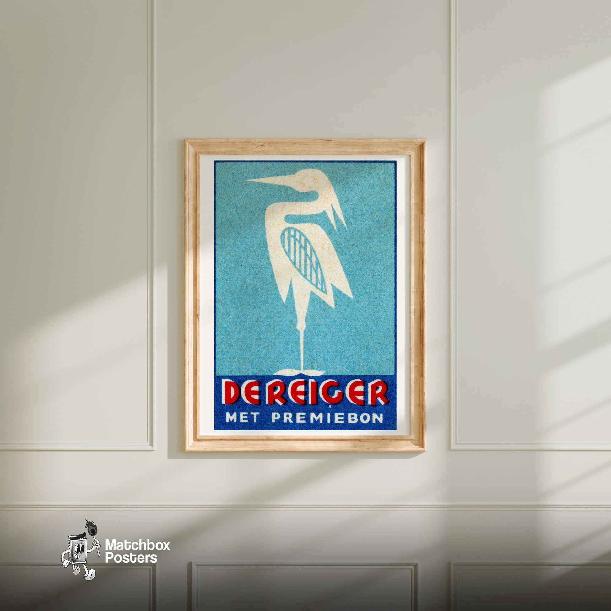 Stylized Heron - vintage matchbox label print - bedroom mockup