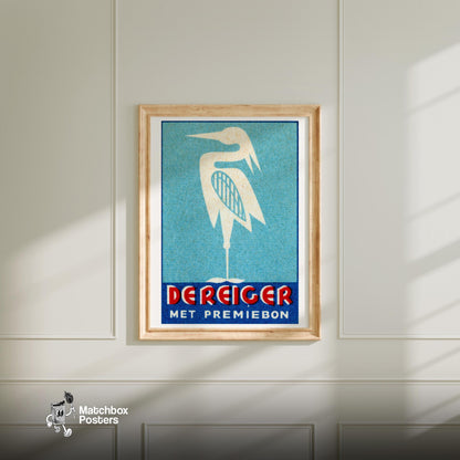 Stylized Heron - vintage matchbox label print - bedroom mockup