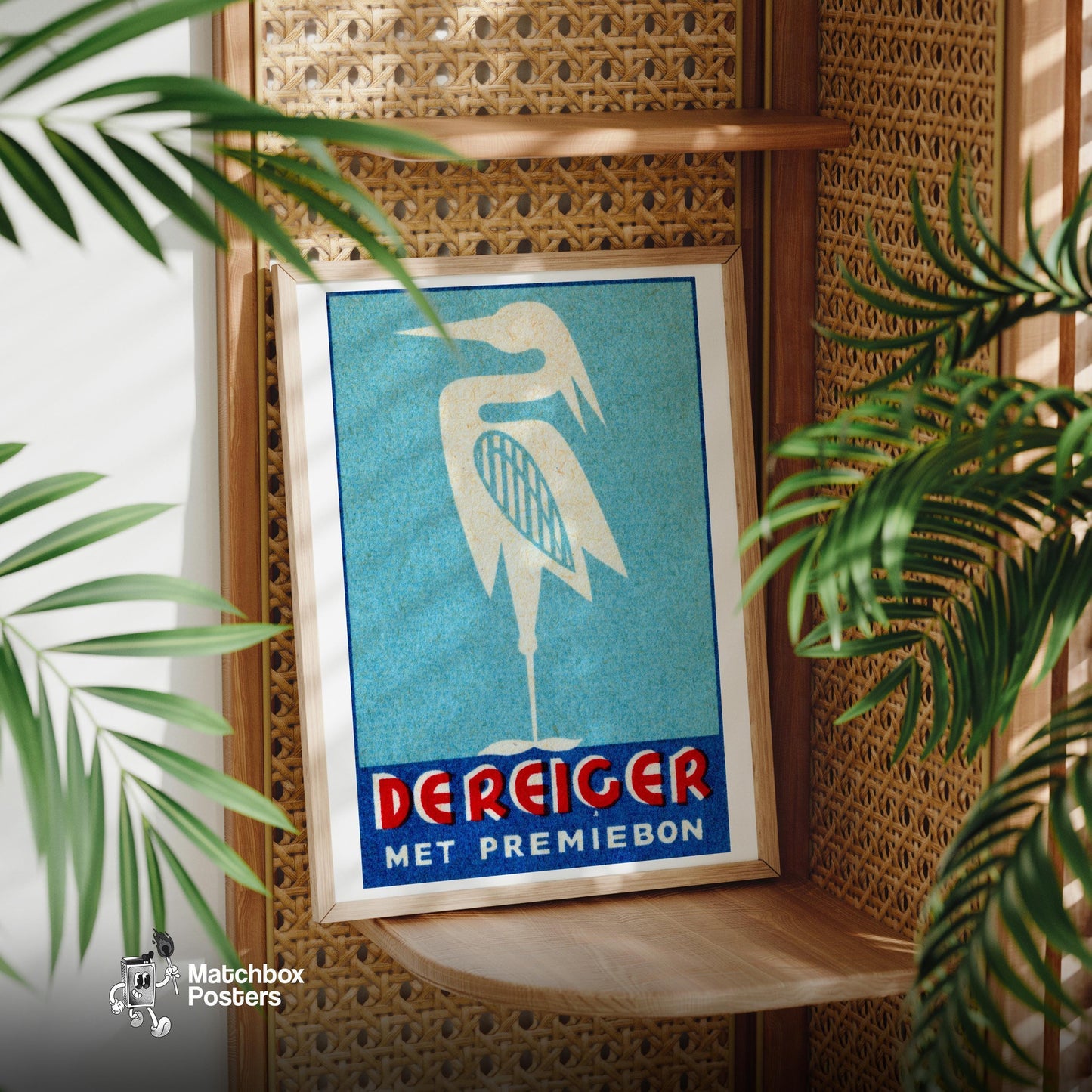 Stylized Heron - vintage matchbox label print - office wall