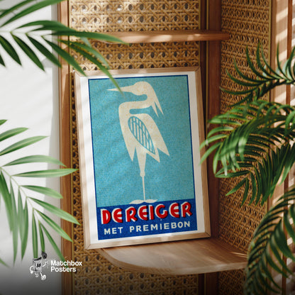 Stylized Heron - vintage matchbox label print - office wall