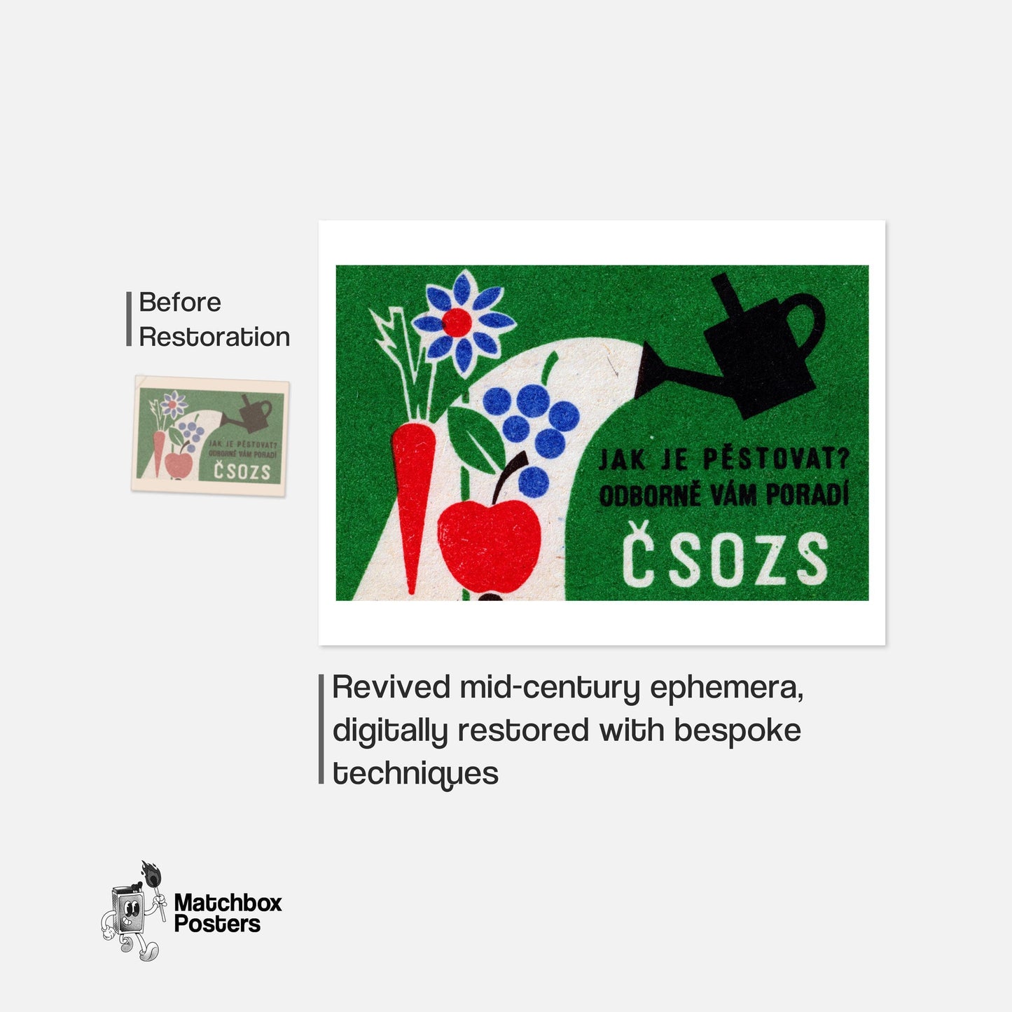 Watering Can with Fruits - vintage matchbox label print - framed wall art preview