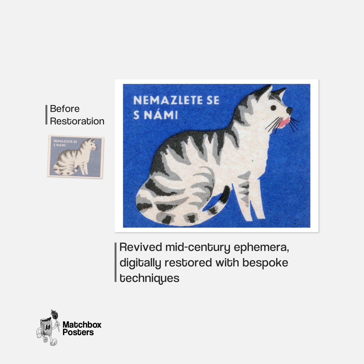 Illustration Of A Sitting Cat - vintage matchbox label print - framed wall art preview