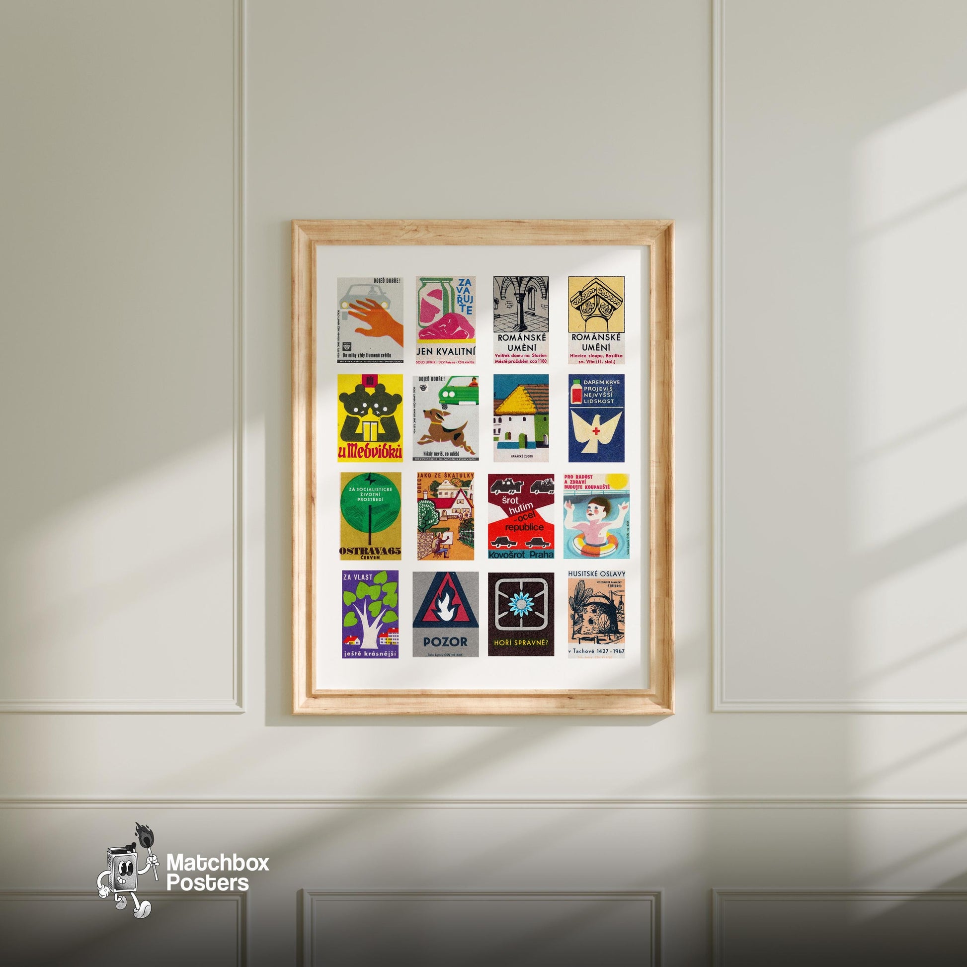 Czechs Grid Print - vintage matchbox label print - living room mockup