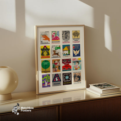 Czechs Grid Print - vintage matchbox label print - bedroom mockup