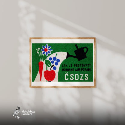 Watering Can with Fruits - vintage matchbox label print - bedroom mockup