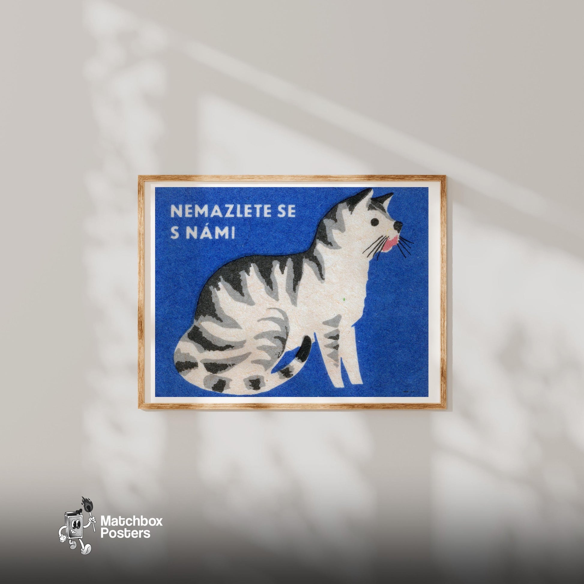 Illustration Of A Sitting Cat - vintage matchbox label print - bedroom mockup