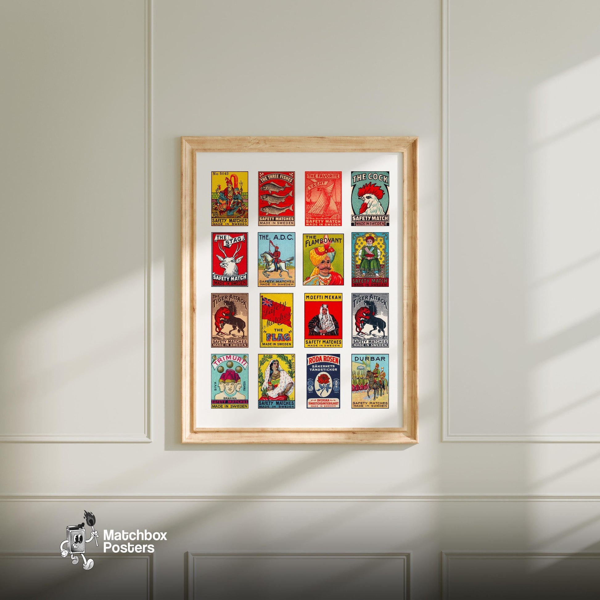 Swedishs Grid Print - vintage matchbox label print - living room mockup
