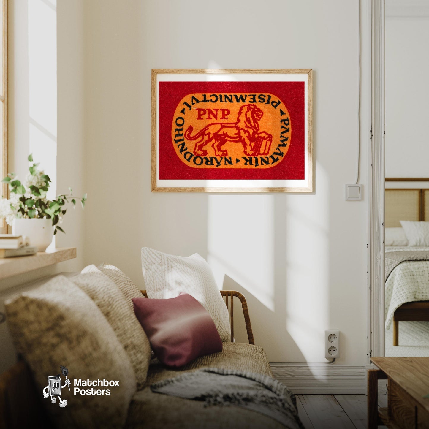 Red Lion Holding A Book - vintage matchbox label print - living room mockup