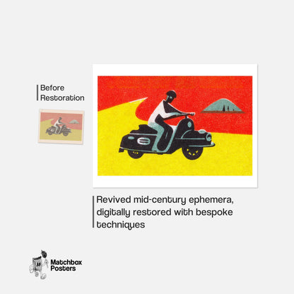 Motorcycle Rider - vintage matchbox label print - framed wall art preview