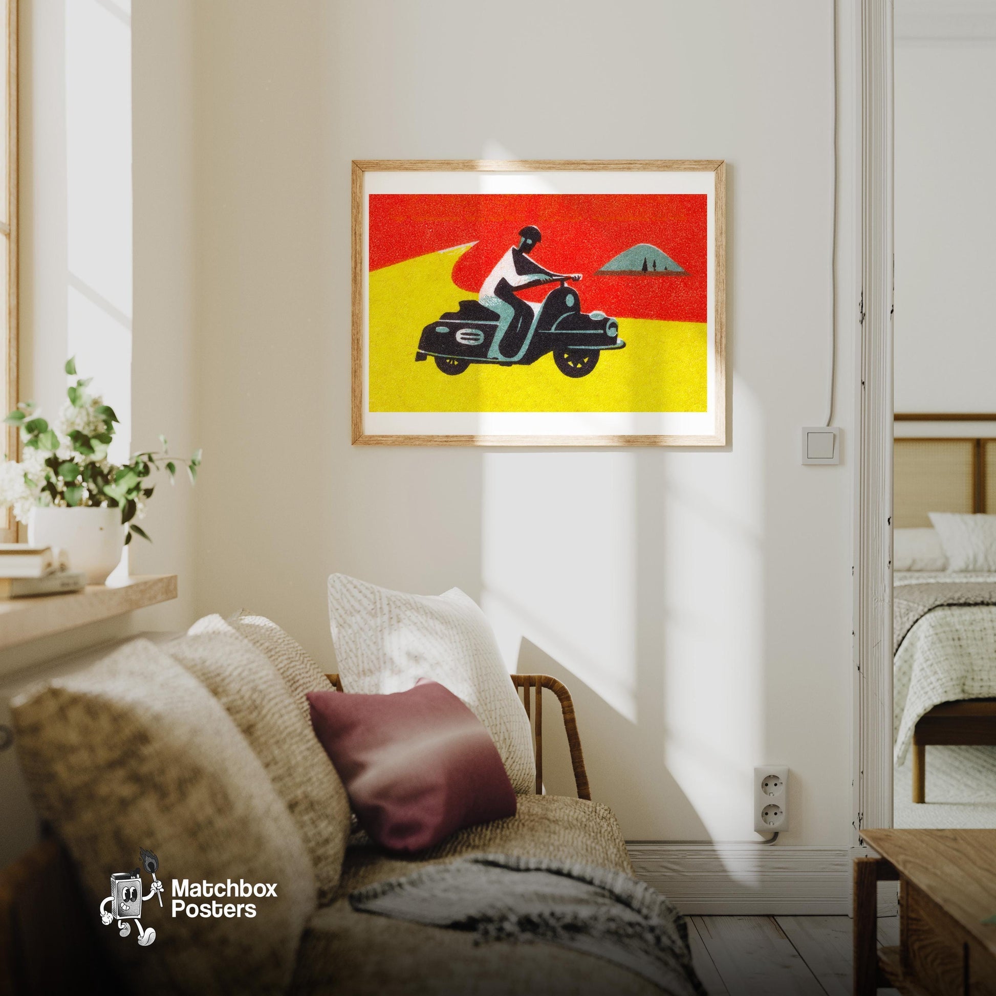 Motorcycle Rider - vintage matchbox label print - living room mockup