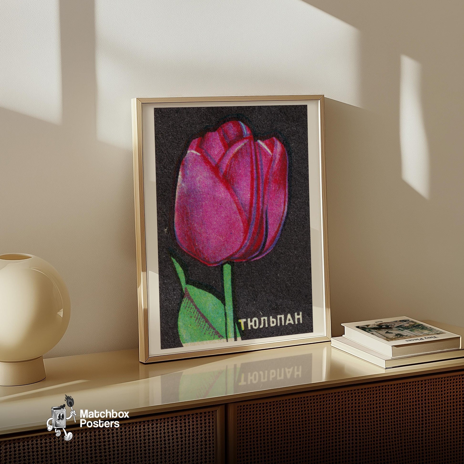 Pink Tulip - vintage matchbox label print - size comparison