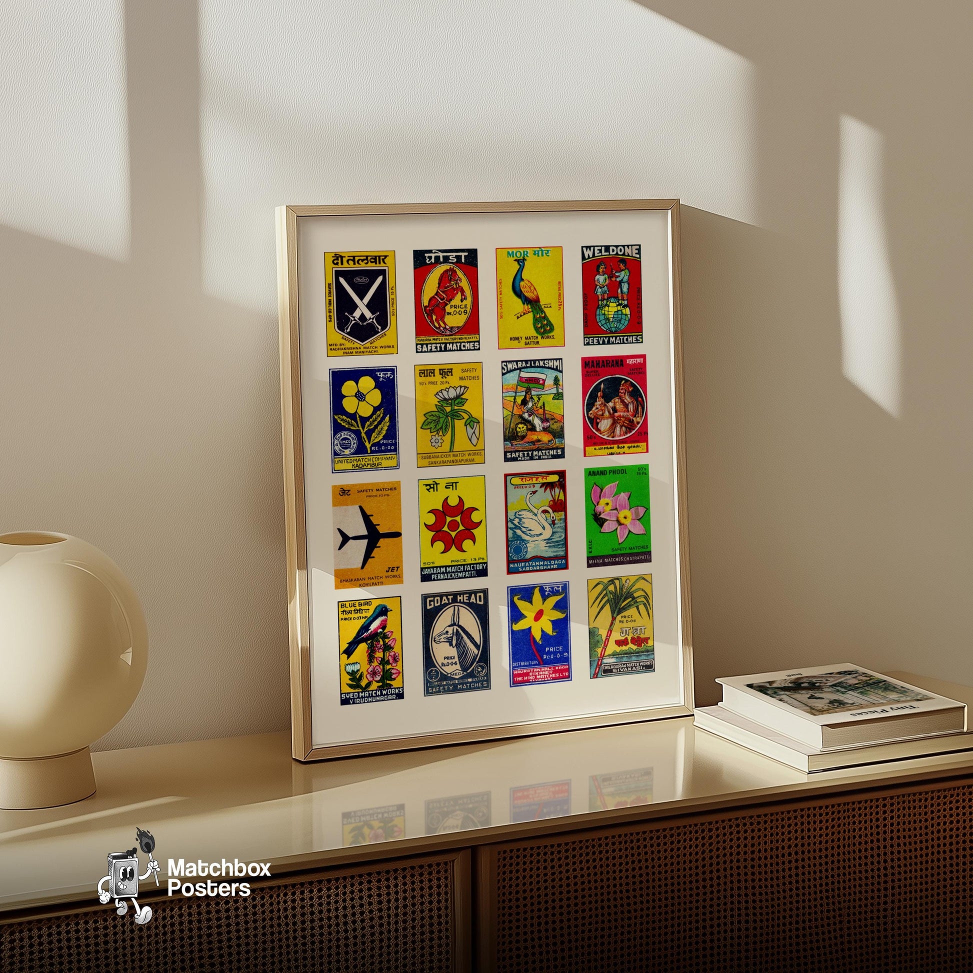 Hindis Grid - vintage matchbox label print - bedroom mockup