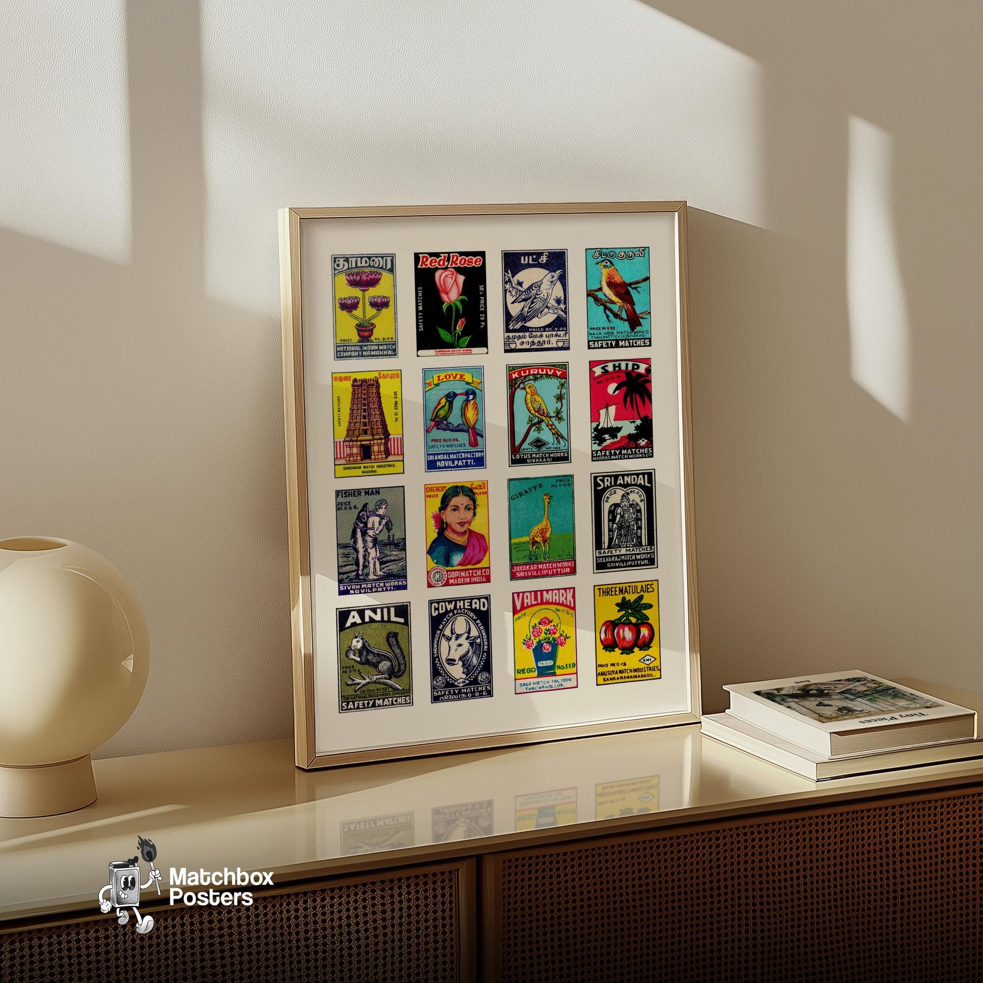 Vintage Tamil Art - vintage matchbox label print - bedroom mockup