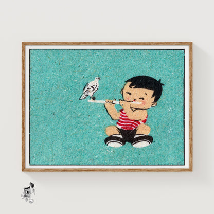 Boy with Bird - vintage matchbox label print