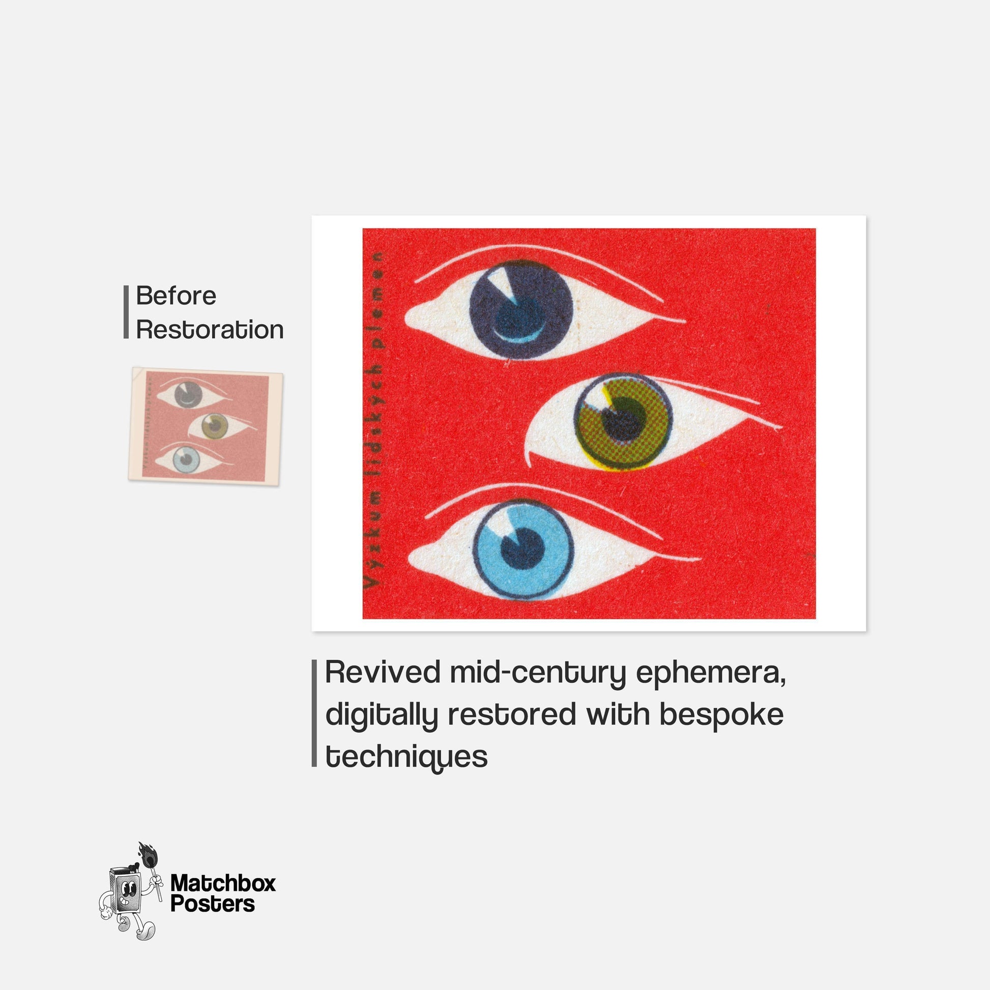 Three Eyes - vintage matchbox label print - framed wall art preview