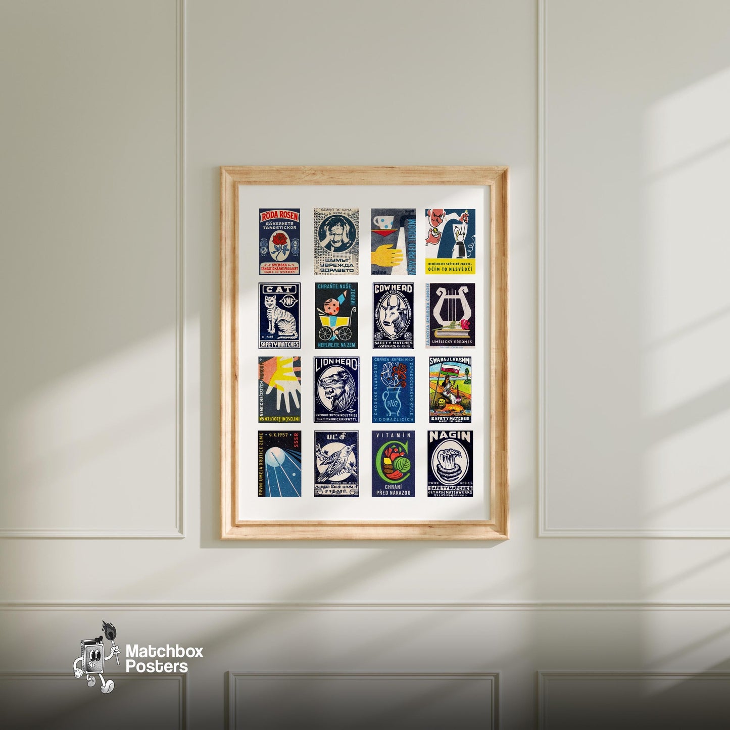 Dark Blue Collage - vintage matchbox label print - living room mockup