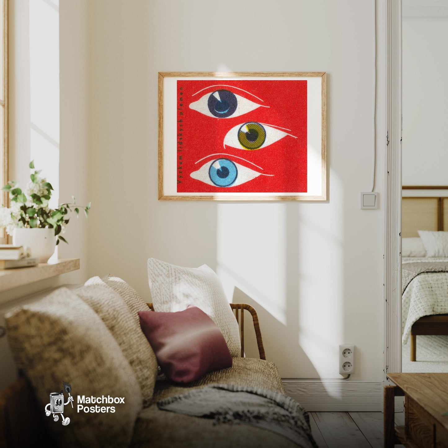 Three Eyes - vintage matchbox label print - living room mockup