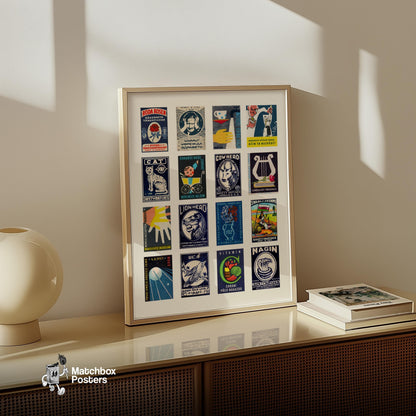 Dark Blue Collage - vintage matchbox label print - bedroom mockup