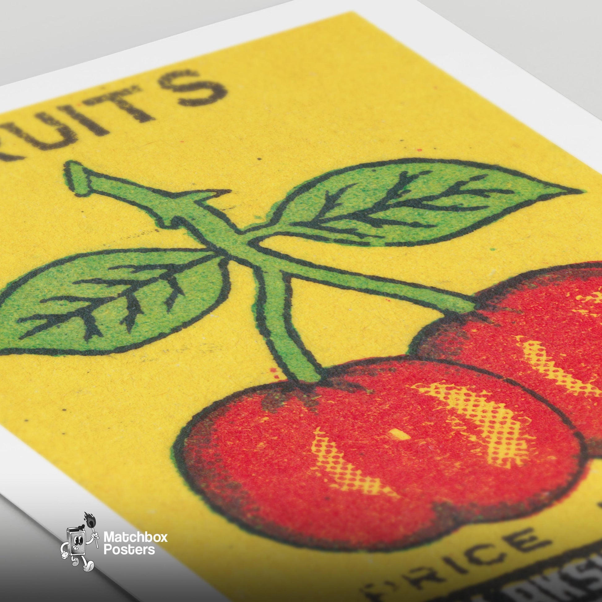 Two Red Cherries - vintage matchbox label print - close-up detail