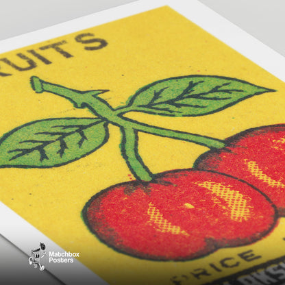 Two Red Cherries - vintage matchbox label print - close-up detail